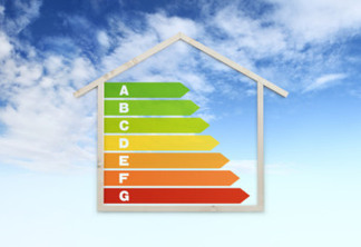 house shape and energy efficiency chart symbol, isolated on sky background, green buildings and save energy eco sustainability