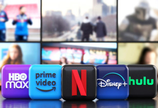 Valencia, Spain – March, 2023: App logos of the main providers of streaming movies and TV series in front of TV screens, icons in 3D illustration. Netflix, Prime Video, Disney Plus, Hulu and HBO Max